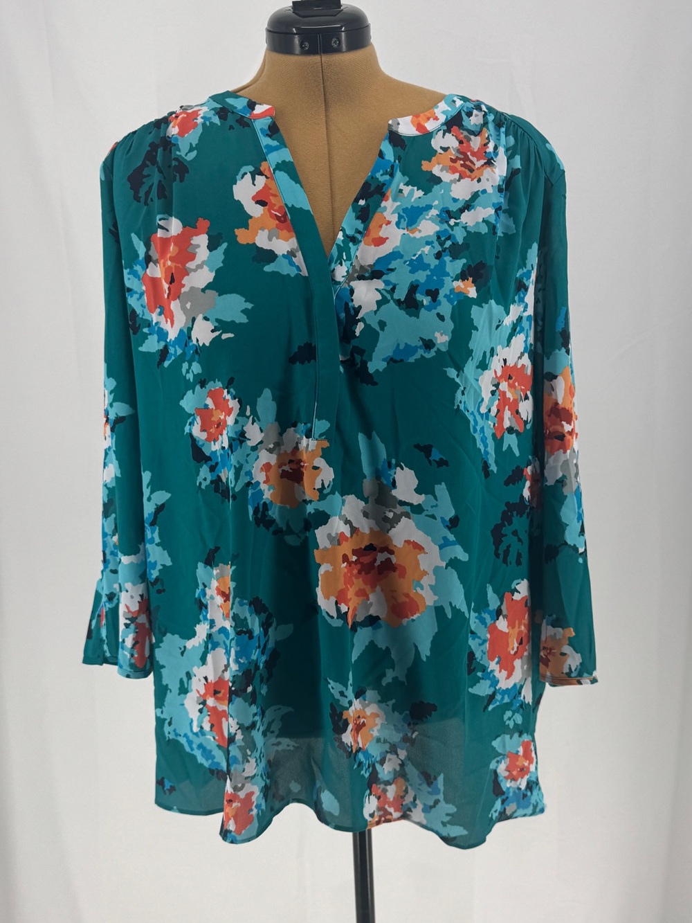 NYDJ Teal Floral Split-Neck Tunic EUC 0069